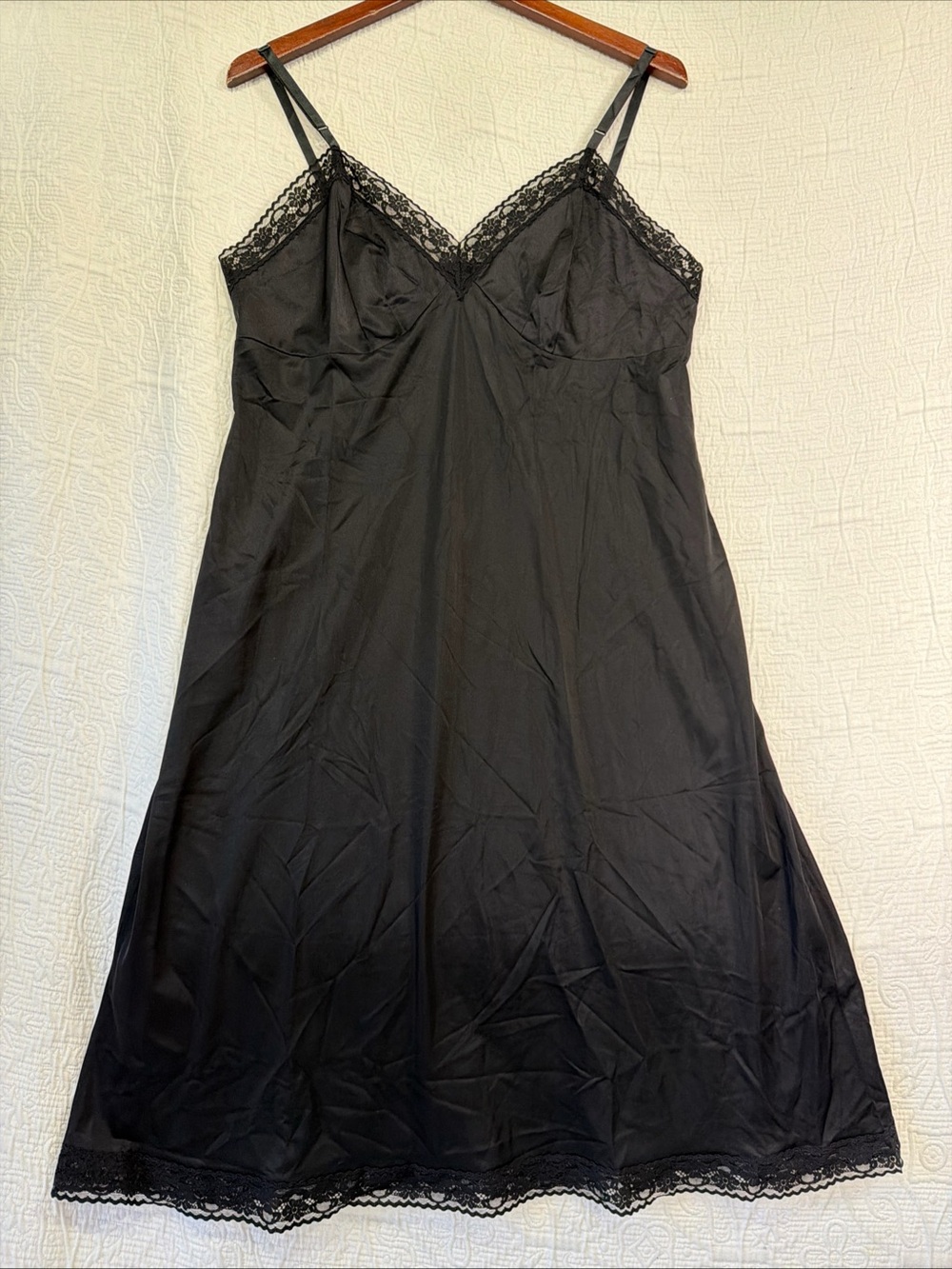 Vintage Slip Dress Vanity Fair Black Lace Nylon Midi Size 40 Whimsigoth USA Made